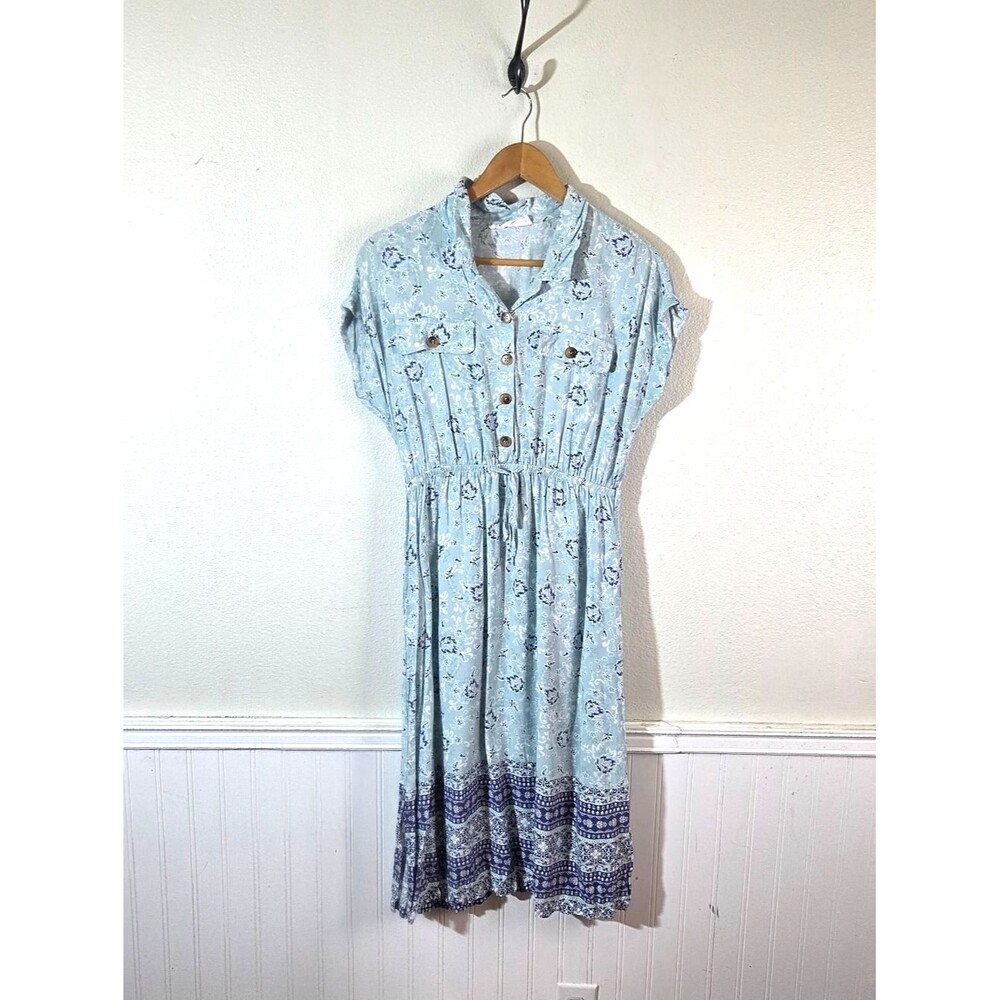 Lucky Brand Blue Floral Rayon Midi Dress M Button Front Boho Spring Summer